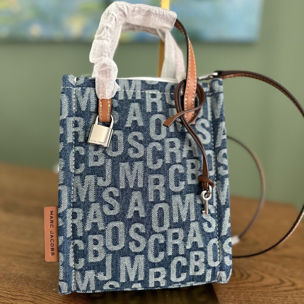 NWT! Marc Jacobs The Jumbo Logo Jacquard Micro Grind Denim Tote Crossbody